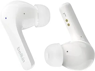 سماعات أذن لاسلكية Belkin SoundForm ™ Motion True ، وسادات أذن عازلة للضوضاء مع حقيبة شحن لاسلكية وميكروفون مزدوج - سماعات بلوتوث مقاومة للماء IPX5 لأجهزة iPhone و Samsung - أبيض