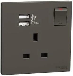 Schneider Electric Switch Socket, AvatarOn C, 13A, 1 gang, 2.1A two port USB, dark grey