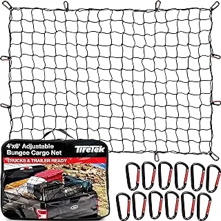 TireTek Cargo Net for Pickup Truck Bed- 4' x 6' Stretches to 8' x 12'- Heavy Duty Small 4”x4” Latex Bungee Net Mesh with 12 Metal Carabiners - Compatible with Ford, Dodge RAM, Chevy, Toyota