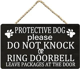 BPA Wood Signs for Home Decor Protective Dog Please Do Not Knock or Ring Doorbell Leave Packages at The Door Wooden Sign Plaque Door Wall Hanging Decorations 10x5 inch (Wood Color)