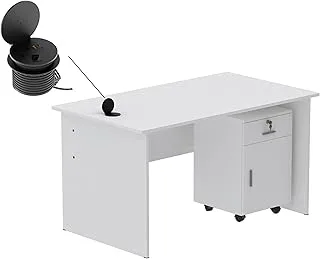 Mahmayi Modern MP1 140x80 Writing Study Table with Drawers attached with 51-1H Round Desktop Power Module 1xUSB Slot & 1xEthernet utility port for Office Desk, Confernece Room Table - White