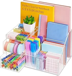 VITVITI Acrylic Desk Organizer, Clear Pencil Organizer for Desk, Multifunctional Desktop Stationary Pen Organizer, 8 Compartment Storage with Drawer, for Office/A4 Paper/Art Supply