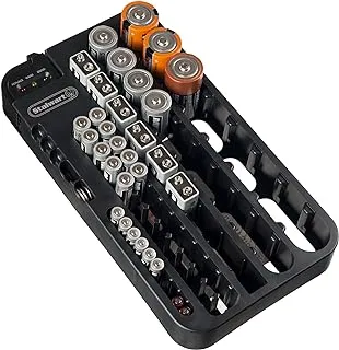 Battery Organizer with Removeable Volt Tester – 70 Piece Capacity Wall Mounted or Drawer Storage Case for Garage, Office, Home by Stalwart,Black