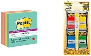 Post-it Super Sticky Notes 3x3 in (76 x 76mm) | Extra sticky notes | 90 sheets/pad | 5 pads/pack + Post-it Flags Mixed Colors 1 x 1.7 in (25.4 x 43.2 mm) 50 flags/dispenser | 5 Dispenser/Pack