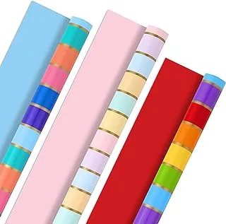 Hallmark All Occasion Reversible Wrapping Paper Bundle - Rainbow Stripes and Solid (3-Pack: 75 sq. ft. ttl.) for Easter, Mothers Day, Birthdays, Weddings, Bridal Showers, Baby Showers and More