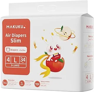 MAKUKU Baby Air Diapers Slim TAPE,Disposable Baby Diaper,L size, Suitable for 9-14kg, Suitable for 7-11months,34 Diapers