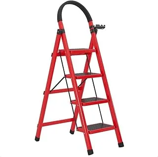 FEMUN Foldable 4 Steps Ladder, Folding Step Stool with Upgraded Widening and Thicken Non-Slip Pedals, with armrests and Tool Holders, Portable Stepladder for Home and Courtyard (4 Steps, Red)