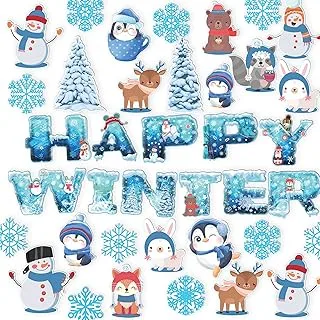 BPA 60Pcs Winter Bulletin Board Decoration Large Christmas Snowman Classroom Decor Set Snowflake Penguin Frozen Cutouts with Glue, 30 Designs for Kids Students School Preschool Classroom Xmas Party