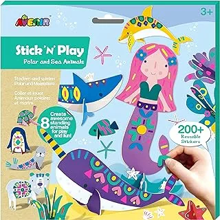 Avenir Stick 'N Play Series - Polar & Sea Animals | 200+ Reusable Stickers for Endless Fun! Create Play Scenes with 8 Illustrated Theme Cards, Make Your Own Animal Figures | For Kids 3+