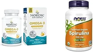 Nordic Naturals Supplement Bundle Pack : Now Foods Organic Spirulina 500mg 200 Tablets + Nordic Naturals Omega-3 in Fish Gelatin, 60 Softgels