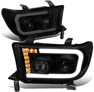 DNA MOTORING HL-LB-TT07-BK-SM-CL1 Pair LED DRL Tube+Turn Signal Projector Headlight Set Compatible with Toyota Sequoia 08-17 / Tundra 07-13,Black/Smoked Lens