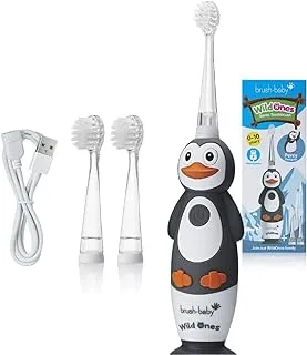 Brush-Baby WildOnes Kids فرشاة أسنان كهربائية قابلة لإعادة الشحن Penguin ، 1 مقبض ، 3 رأس فرشاة ، كابل شحن USB ، للأعمار 0-10 (Penguin)