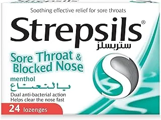 Strepsils Menthol Sore Throat & Blocked Nose, Dual Anti-Bacterial Action, Fast Effective Relief from Sore Throats, 24 Lozenges