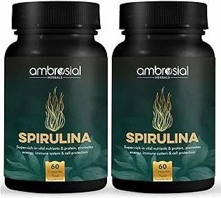 Ambrosial Spirulina Tablets | High Strength 500 mg spirulina powder per Capsule | Richest Source of Protein | Certified Organic Spirulina Capsules | 120 vegan Capsules