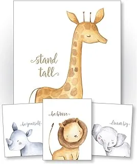 Confetti Fox Safari Baby Animals Nursery Wall Art Decor - 8x10 Unframed Set of 4 Prints - Boy Girl Kids Watercolor Quotes - Giraffe Rhino Elephant Lion