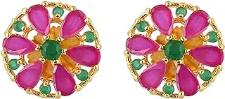 Voylla Round Pink and Green CZ Gems Stud Earrings