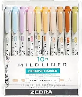 Zebra Pen Mildliner Double Ended Highlighter Set, Chisel and Bullet Point Tips, Assorted Neutral and Gentle Ink Colors, 10-Pack (78701)