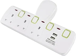 Multi Plug Power Extension cord with 02 USB hub, socket adopter with 3 outlet plug, charging station with individual switches for kitchen, office, home.- white