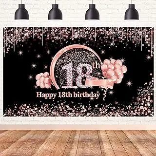 18th Birthday Banner Decorations for Men Girls, Black Gold Happy 18th Birthday Party Supplies, 18 Birthday Party Decor Sign