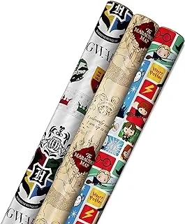 Hallmark Harry Potter Wrapping Paper with Cut Lines on Reverse (3-Pack: 60 sq. ft. ttl; Marauder's Map, Hogwarts Crest) for Birthdays, Graduations, Christmas, Valentine's Day