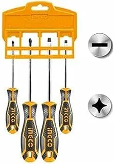 INGCO 4-Piece Screwdriver Set, Round Blade, CRV Material, Essential for Home and Professional Use, Conveniently Packaged with a Plastic Hanger, Black, HKSD0428