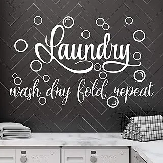 BPA Laundry Room Vinyl Wall Decal Saying Wash Dry Fold Repeat Wall Sticker Bubble Sticker Decals Laundry Art Signs Wall Quote Sticker for Decoration Supplies (19.7 x 30.7 Inch, White)