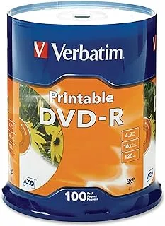 Verbatim DVD-R 4.7GB 16X أبيض قابل للطباعة بنفث الحبر مع محور يحمل علامة تجارية، 100 قرص