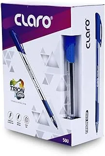 Claro Trion Grip Triangular Ball Pen, 1.00mm, Blue Color Lightweight Ball Pens for Pressure Free and Fine Writing Pens with Comfortable Rubberised Cushion Grip|For School and Office Use 50pcs/Box