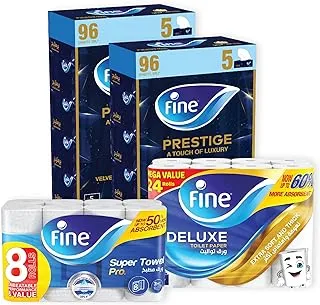 Fine Exclusive 3 Ply Tissue bundle: 10 Prestige Facial Tissue box 96 sheets each, Kitchen towel paper 8 rolls and 24 rolls of deluxe toilet tissue paper