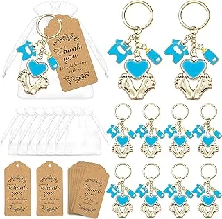 BUYWUMORE 12 Sets Baby Shower Favors for Boy Blue Footprint Keychains Gifts with Bottle Baby Clothes White Organza Bags and Thank You Tags for It's a Boy Decorations Baby Shower Party Supplies (Boy)