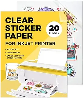 90% Clear Sticker Paper for Inkjet Printer (20 Sheets) - Glossy 8.5 x 11 - Printable Vinyl Sticker Paper for Cricut - Printable Sticker Paper - Transparent - Adhesive - Clear Sheets - Clear Labels