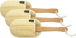 G-Beauty Natural Oval Double Face Massage Loofah With Wooden Handle And Hock Strap For Bath Spa and Shower Set Of 3 Pieces - Beige