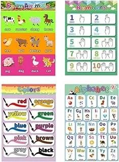 bpa Preschool Posters For Children, Abc Posters for Kids,Toddler, Nursery, Kindergarten, Early Learning, Classroom Wall Chart Pack - Fun Early Learning for Alphabet Letters, Numbers,Colors,4pcs