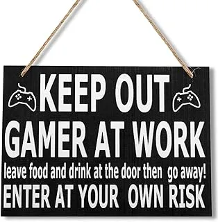 BPA Keep Out Gamer at Work Sign Wooden Funny Door Sign Game Room Decoration Gaming Keep Out Sign for Gamer, Kids, Teens. 9.8 x 7.0 Inch (Walnut Color)