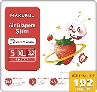 MAKUKU Disposable Baby Diapers, Diapers size 5, X-large, Suitable for babies over 12-17Kg and for 12-17months, 192 Diapers, Air Diapers Slim Tape