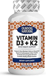 Oladole Natural Vitamin D3 + K2 5000 IU - 60 Veg Tablets for Calcium Absorption, Strong Bones, Heart Health, Immune Support, Energy Boost, and Essential Combo for Optimal Health | Non GMO, Gluten Free