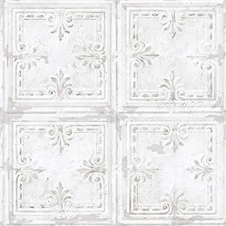 RoomMates RMK11209WP White Tin Tile Metallic Accent Peel and Stick Wallpaper