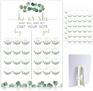 BPA Greenery Baby Gender Reveal Board with Stand(12x17), 60 Eucalyptus Leaf Boy Girl Voting Stickers,He or She, Cast Your Vote Game, Sage Green Neutral Gender Reveal Party Centerpiece Decorations