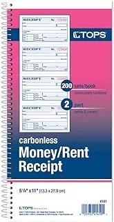 TOPS Money/Rent Receipt Book, 2-Part, Carbonless, 11 x 5.25 Inches, 4 Receipts/Page, 200 Sets per Book (4161), White