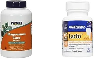 NOW Supplement Bundle Pack : Foods Magnesium 400 mg 180 Capsules + Enzymedica Lacto 30 Capsules