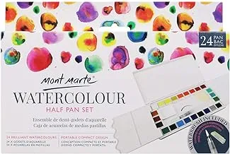 Mont Marte Watercolor Half Pan Set, 27 Piece. Includes 24 Watercolor Paints, Integrated Mixing Wells, 1 Water Brush, 1 Ceramic Dish and 1 Natural Sponge.