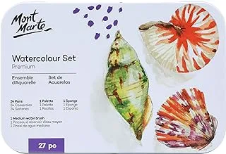 MONT MARTE Premium Watercolor Cake Set, 27 Piece, 24 Colors, 1 Water Brush, 1 Sponge, 4 Mixing Wells