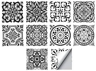 Self-Adhesive Wall Tile Decals, Peel and Stick Tile Stickers, Waterproof Backsplash Stickers for Kitchen Bathroom Decor, 8x8inch 10Pcs, Black Flora 018