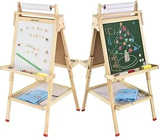 Kids Easel with Paper Roll，Double-Sided Drawing Easel-Dry Erase Board & Chalkboard Standing Adjustable Height Drawing Easel Board，Children Easel Paint Set (L)