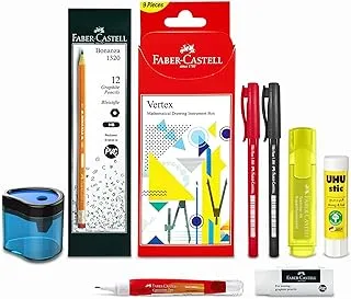 FABER-CASTELL SCHOOL STATIONERY KIT-FCZPB2، صندوق هندسي + قلم جرافيت HB 12 قطعة + قلم تمييز -1 قطعة + ممحاة -1 قطعة + قلم تصحيح 8 مل -1 قطعة + عصا غراء 8.2 جرام -1 قطعة + قلم كروي -2 قطعة + مبراة -1 قطعة.