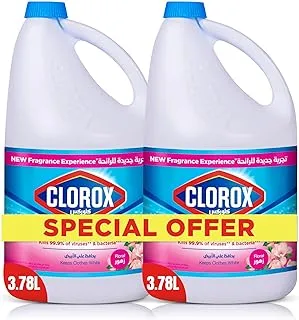 Clorox Bleach Liquid Floral Scent, Household Cleaner and Disinfectant, Eliminates Common Household Germs and Removes Stains, Dual Pack 3.78L