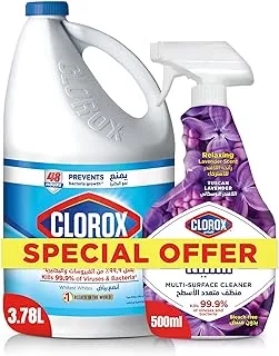 Clorox Bleach Liquid Original Scent 3.78L and Clorox Scentiva Spray Cleaner 500ml Tuscan Lavender, Special Offer