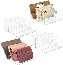 mDesign Plastic Purse and Handbag Organizer - Closet Storage System for Zipper Tote Bag, Purse, Clutch, Wallet, Pocket Book Organization - 3 Sections - Lumiere Collection - 4 Pack - Clear