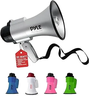 Pyle Portable Megaphone Speaker Siren Bullhorn-Compact and Battery Operated with 30 Watt Power, Microphone, 2 Modes, PA Sound and Foldable Handle for Cheerleading and Police Use PMP33SL (Silver), 0