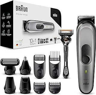 Braun 10 in 1 Beard Trimmer, With Hair & Nose Trimmer, For Face & Hair Trimming, Body Grooming & Clean Shaving, Gillette Razor, Gifts For Men, Smart Plug, MGK7920TS, Black/Silver, Silver/Black